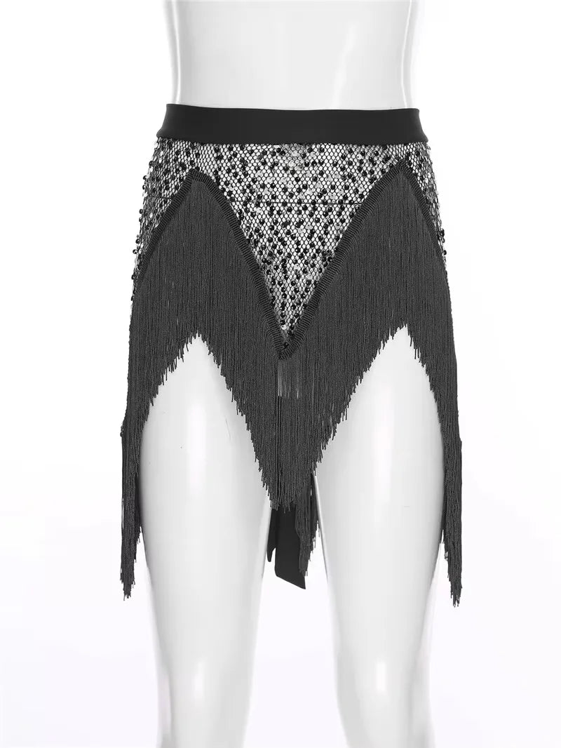 Sparkly Sequin Tassel Wrap Skirt Women Irregular Triangle Hem Side Tie Waist Skirt Rave Belly Dance Party Costume Outfit