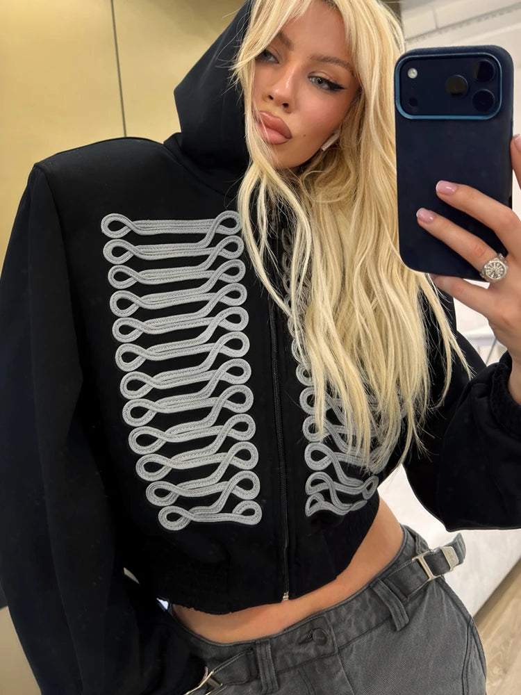 High Street Hooded Corp Jacket Women Fashion Hottie Print Full Sleeve Zip Patchwork Autumn Trend Chic Sporty Outfits