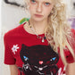 Women's Casual Short Sleeve T-Shirt with Cat Floral Graphic, Playful Red Tee for Summer, Cute Crop Top for Everyday
