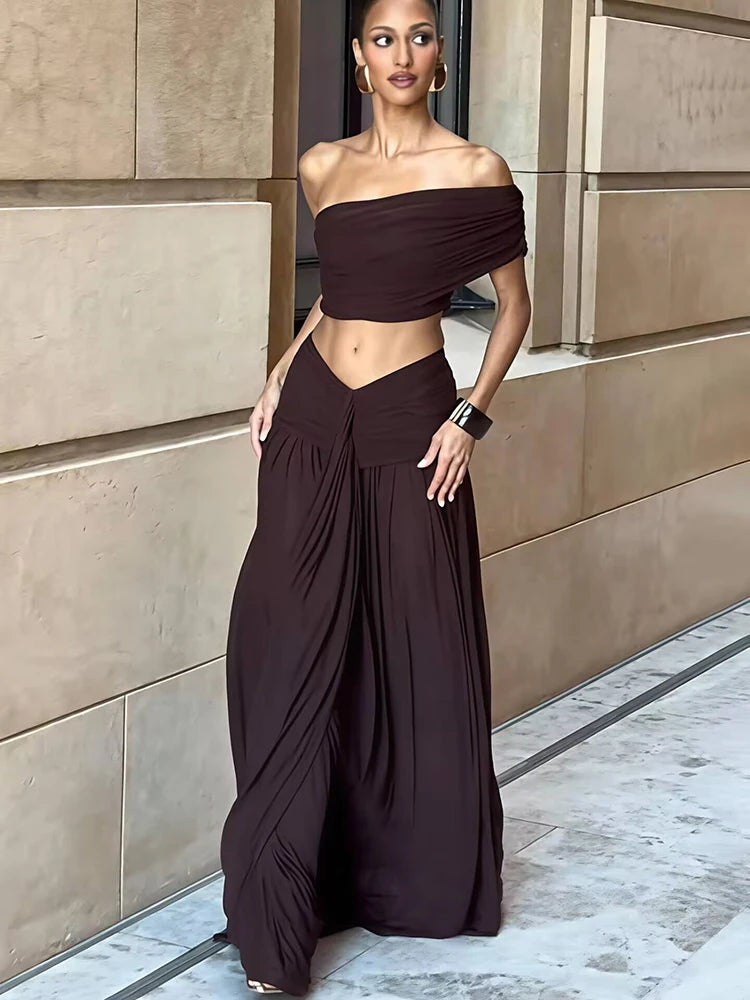 Women 2 Piece Set Elegant Strapless Crop Top And High Waist Split Maxi Skirt Sets Female Ruched Beach Club Party Sets