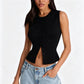 Women Slim Waist Ribbed Knit Vest Sleeveless Crew Neck Single Breasted Pocket Crop Cardigan Solid Color Y2K Streetwear