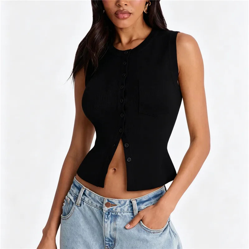 Women Slim Waist Ribbed Knit Vest Sleeveless Crew Neck Single Breasted Pocket Crop Cardigan Solid Color Y2K Streetwear