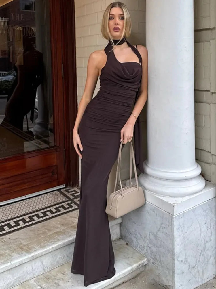 Halter Off-shoulder Sexy Maxi Dress For Women Coffee Strapless Sleeveless Backless Bodycon Club Party Long Dresses