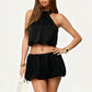 Women's 2 Piece Skirt Set Summer Solid Color Sleeveless Backless Halter Crop Tops with Bubble Mini Skirt Party Clubwear