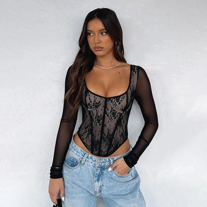 Floral Lace T Shirt for Women Low Cut Backless Long Sleeve Top Sexy Black Shirts & Blouses Womans Clothing