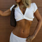 Single Button Deep V Neck Short Sleeve Crop Tops Womens T Shirts Fashion 2026 Women Summer Clothing