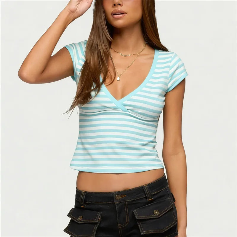 Y2K Hot Girl Multi Color Contrast Trim Striped Crop T Shirt Women Wrap Deep V Cap Sleeve Slim Fitted Cropped Street Top
