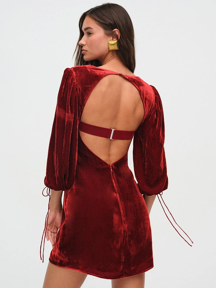 Velvet Backless Sexy Mini Dress For Women Elegant Autumn Winter New Square Collar Half Sleeve Bodycon Club Party Dress