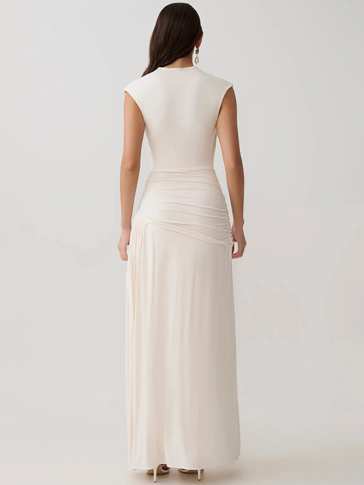 Women V Neck Cap Sleeve Maxi Dress Wrap Ruched Waist Draped Flowy Long Dress Wedding Guest Evening Party Formal Gown