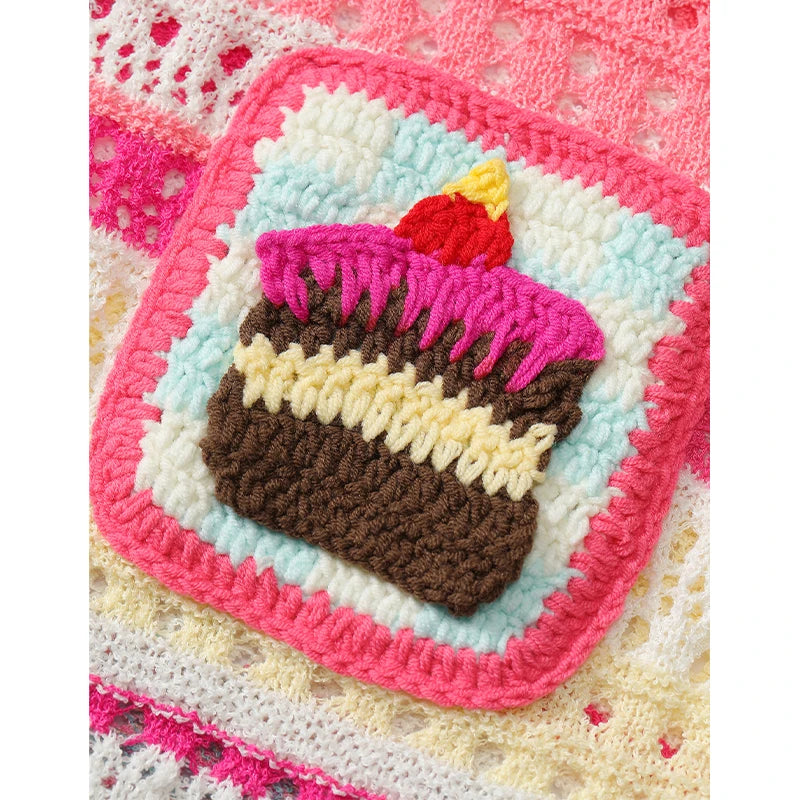 Women's Sweet Colorful Striped Knit Top, Crochet Cake Pocket Openwork Polo T-Shirt, Cute Summer Short Sleeve Knitwear