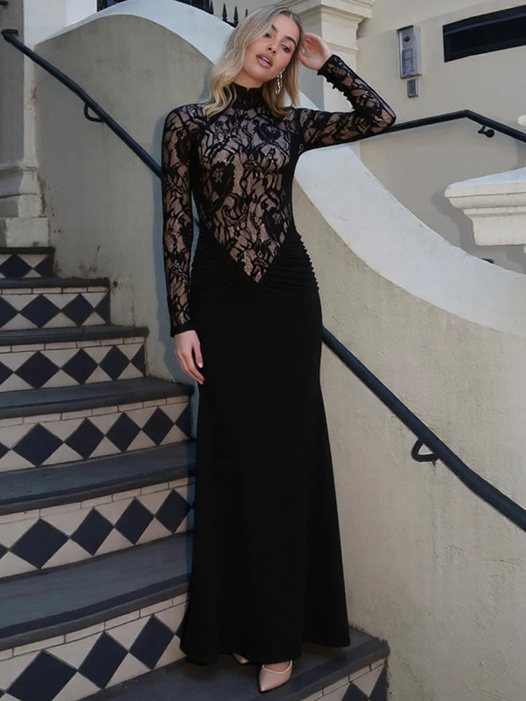 Lace Patchwork Maxi Dress Women Turtleneck Full Sleeve Skinny Folds Zipper Sexy Midnight Fashion Prom Party Chic Vestidos