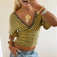 Retro Striped V Neck Crop Top Women Cross Wrap Short Sleeve T Shirt Low Back Slim Fit Striped Tee Y2K Aesthetic Outfits