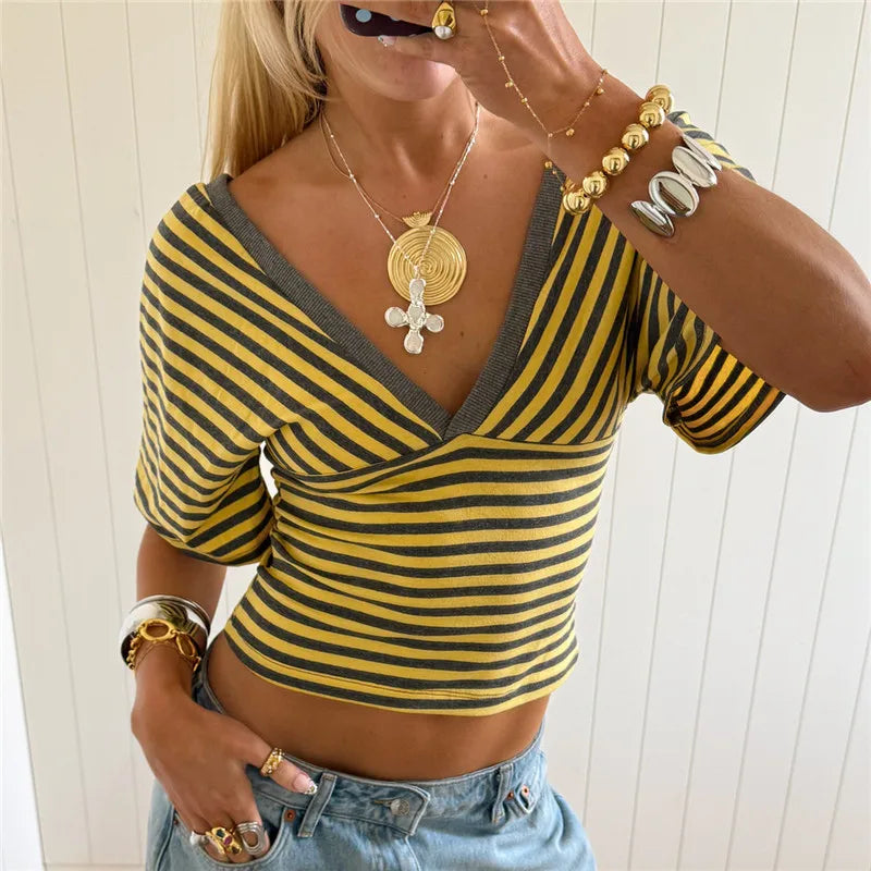 Retro Striped V Neck Crop Top Women Cross Wrap Short Sleeve T Shirt Low Back Slim Fit Striped Tee Y2K Aesthetic Outfits