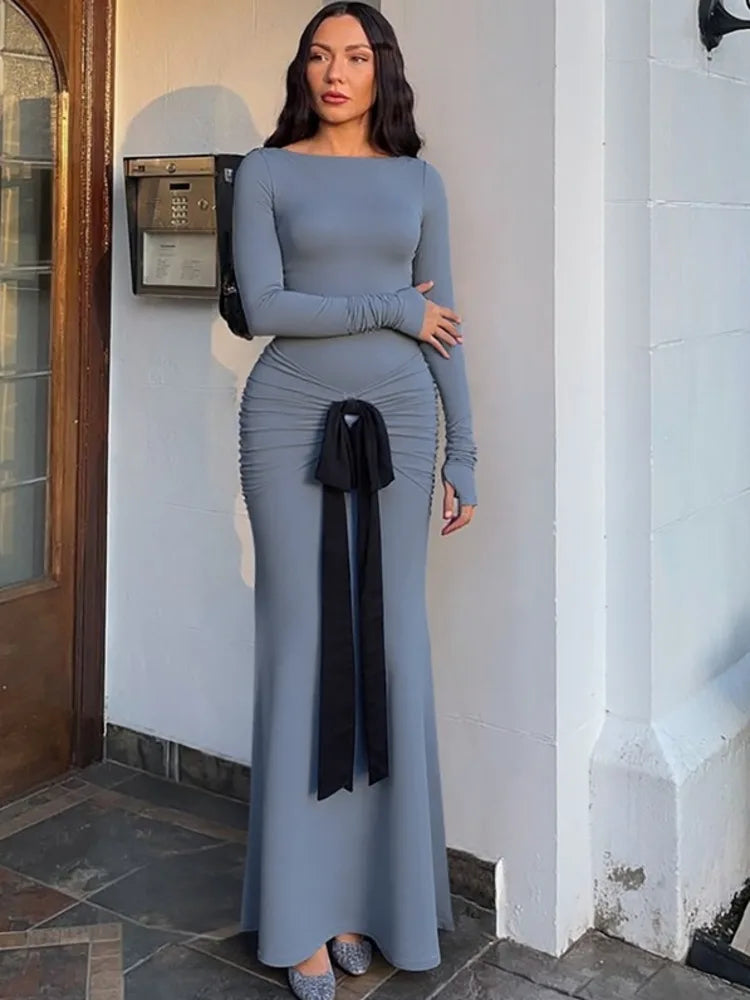 Long Sleeve Ruched Bow Sexy Maxi Dress For Women Autumn Fashion Patchwork O Neck Bodycon Club Party Long Dresses Female