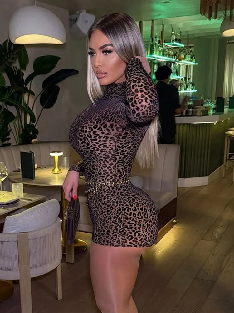 Leopard Print Romper Women See Through Sexy Full Sleeve Turtleneck Fall Fit Skinny Playsuit Stretch Midnight Clubwear