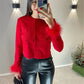Fashion O Neck Sweater Tops Fur Feather Patchwork Long Sleeve Knitted Cardigan Spring Fall Slim Knitwear Top Streetwear