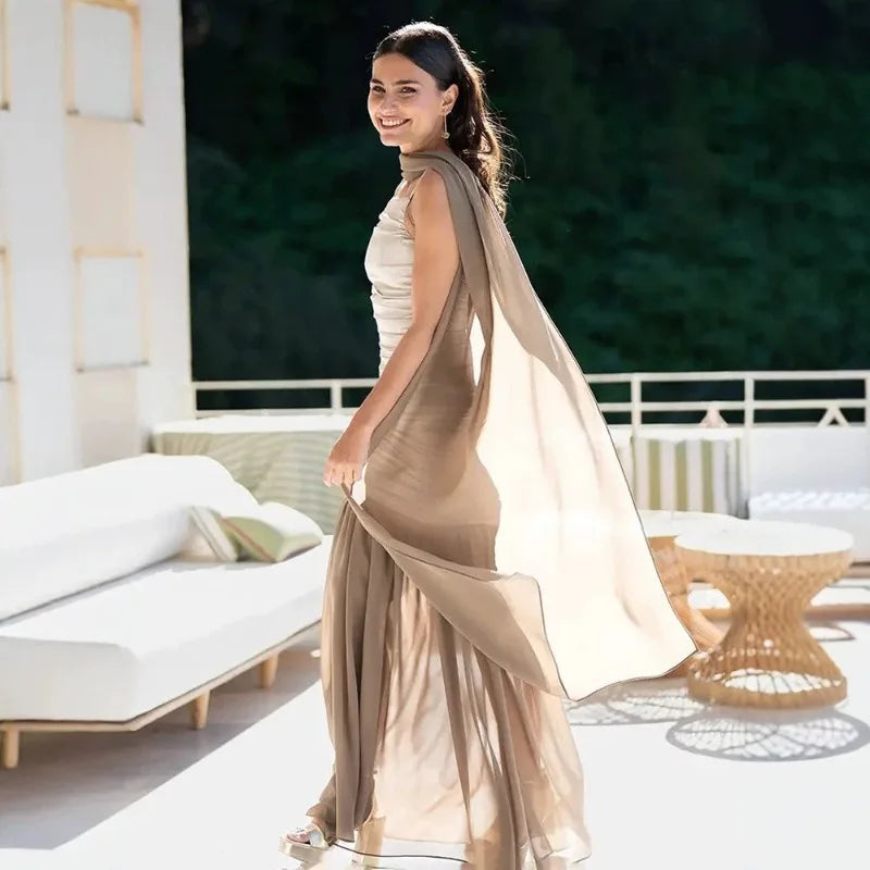 Sleeveless Pleated Maxi Dress with Scarf Satin Chiffon Patchwork Elegant Wedding Guest Dresses 2026
