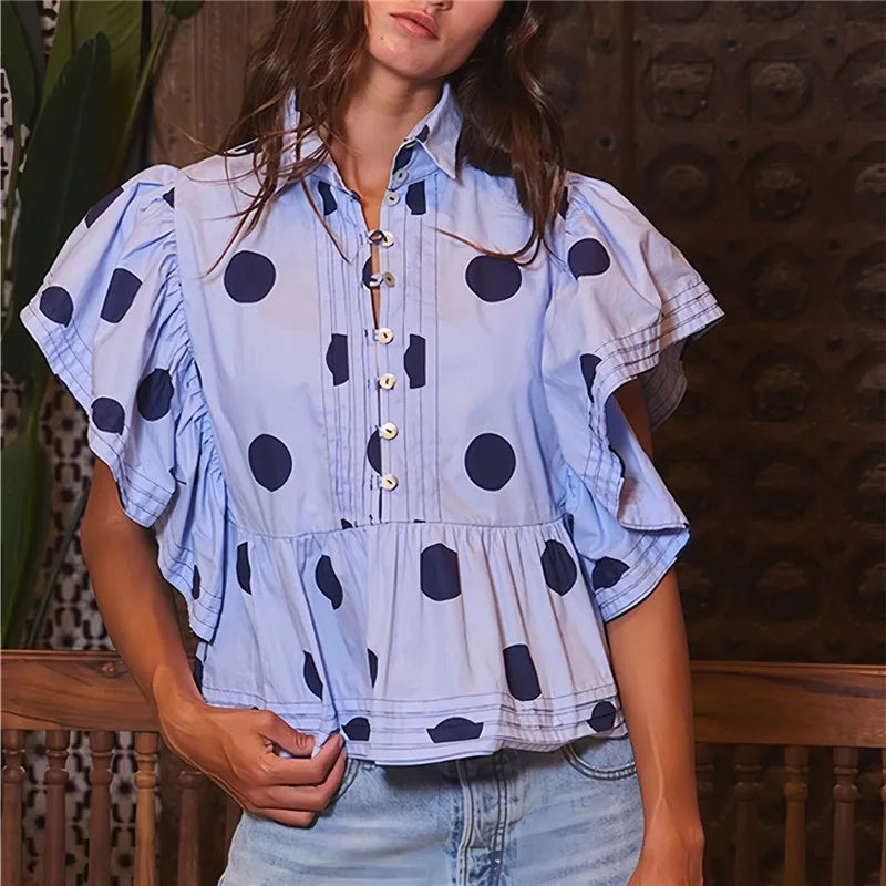 Loose Casual Short Sleeve Button up Shirts V-Neck Polka Dot Print Women's Shirt Korean Style Babydoll Blouse