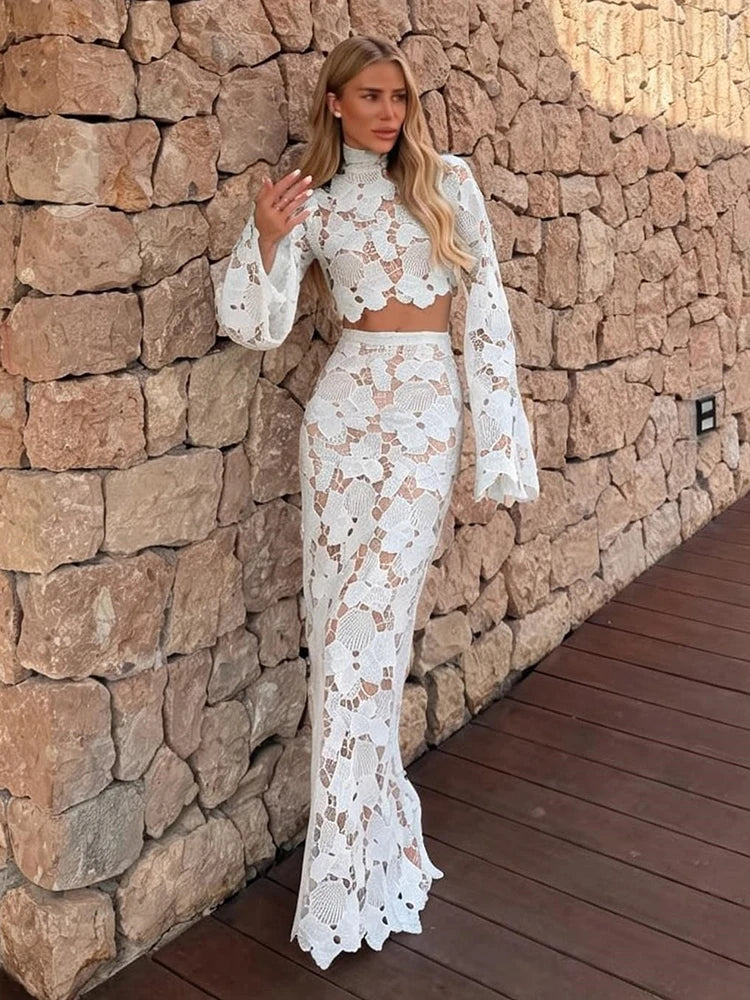 Fashion Jacquard Hollow 2 Piece Set Women Sexy Turtleneck Puff Sleeve Crop Top+Long Skirts Elegant Party Club Suits