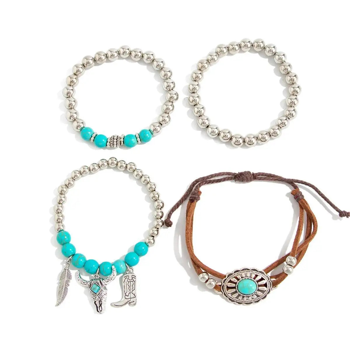 4Pcs/Set Ethnic Vintage Feather Pendant Round Beads Bracelets for Women   Creative Adjuatable Rope Chain Party Jewelry