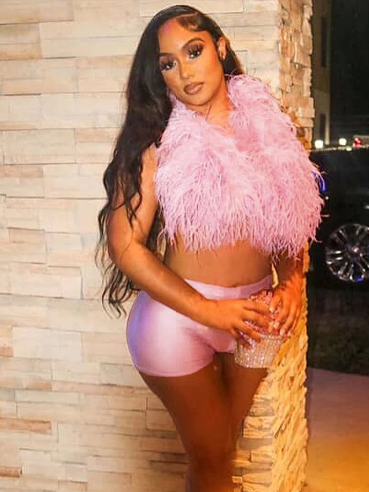 Sexy Hipster Fur 2Piece Set Women Luxury Tank Tops+Tight Stretch Shorts Y2K Summer  Midnight Clubwear Party Outfits