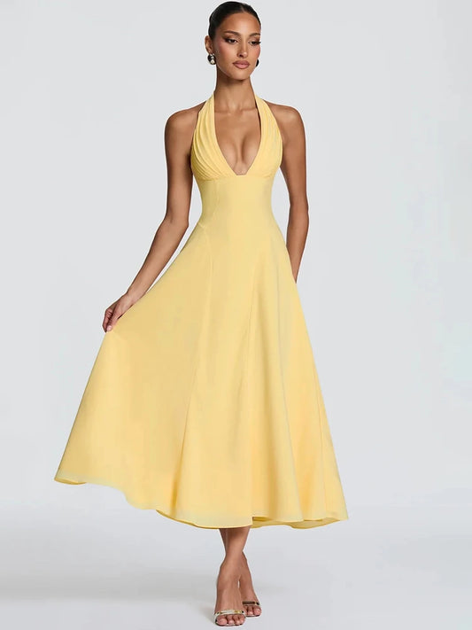 Women Halter Deep V Neck Sexy Midi Dress Pleated Bust Flared A‑Line Long Dress Elegant Evening Party Prom Dresses
