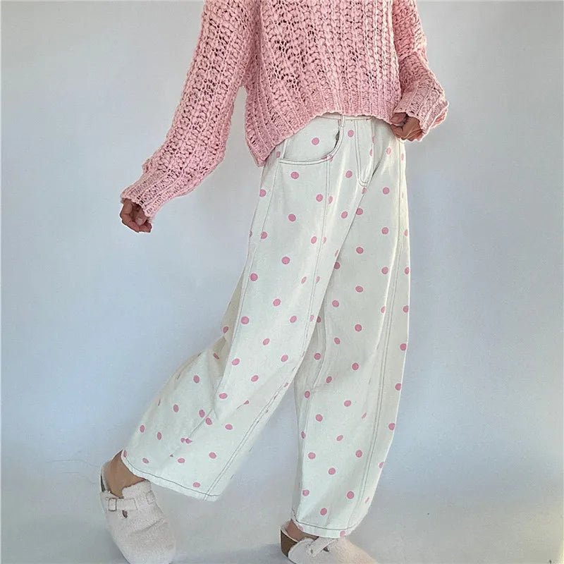 Polka Dot Jeans Women Y2K Print High Waisted Wide Leg Denim Pants Vintage Stretchy Boyfriend Jeans 90s 00s Streetwear
