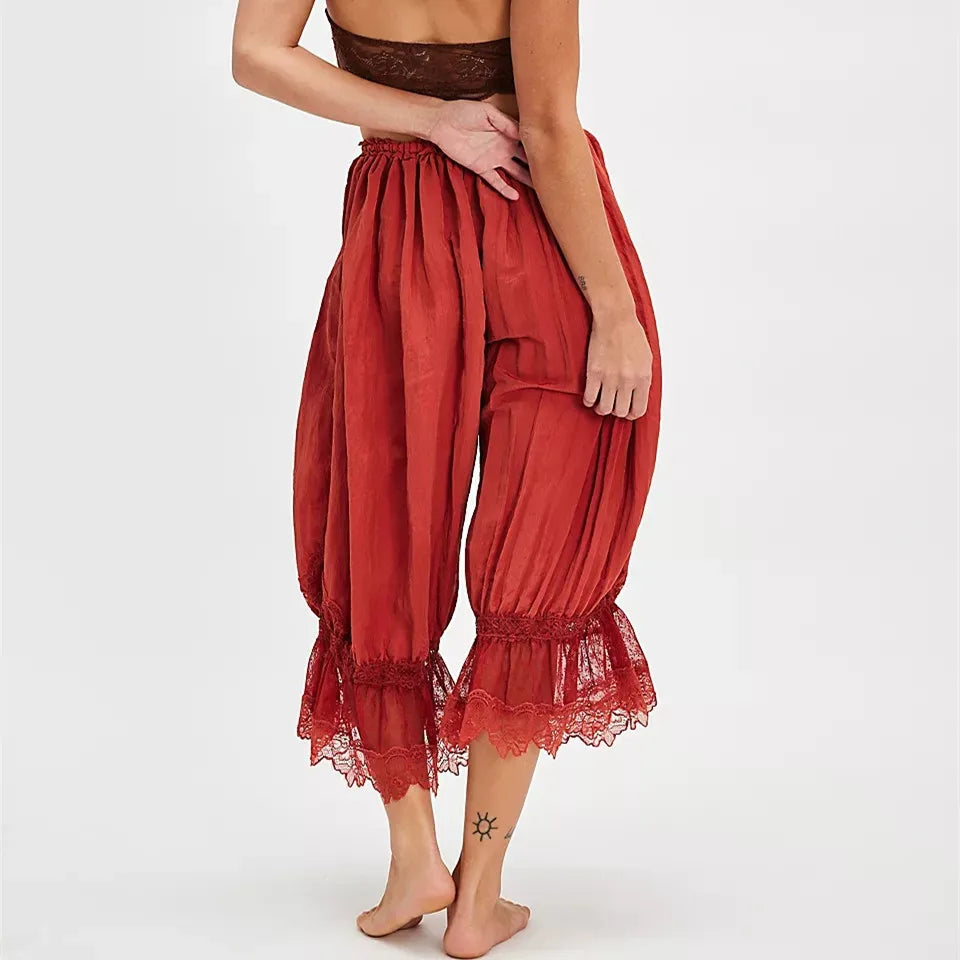 Women Ruffle Long Bloomer Y2k Lace Trim Pettipants Pantaloons Mid Rise Cropped Pajama Pants Under Dress Slips