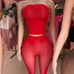 Sexy Fashion 2 Piece Set Woman Mesh See Through Wrap Chest Backless Tank Tops+Skinny Peach Hip Crop Pants Clubwear
