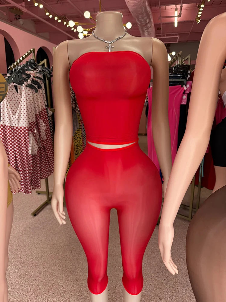 Sexy Fashion 2 Piece Set Woman Mesh See Through Wrap Chest Backless Tank Tops+Skinny Peach Hip Crop Pants Clubwear