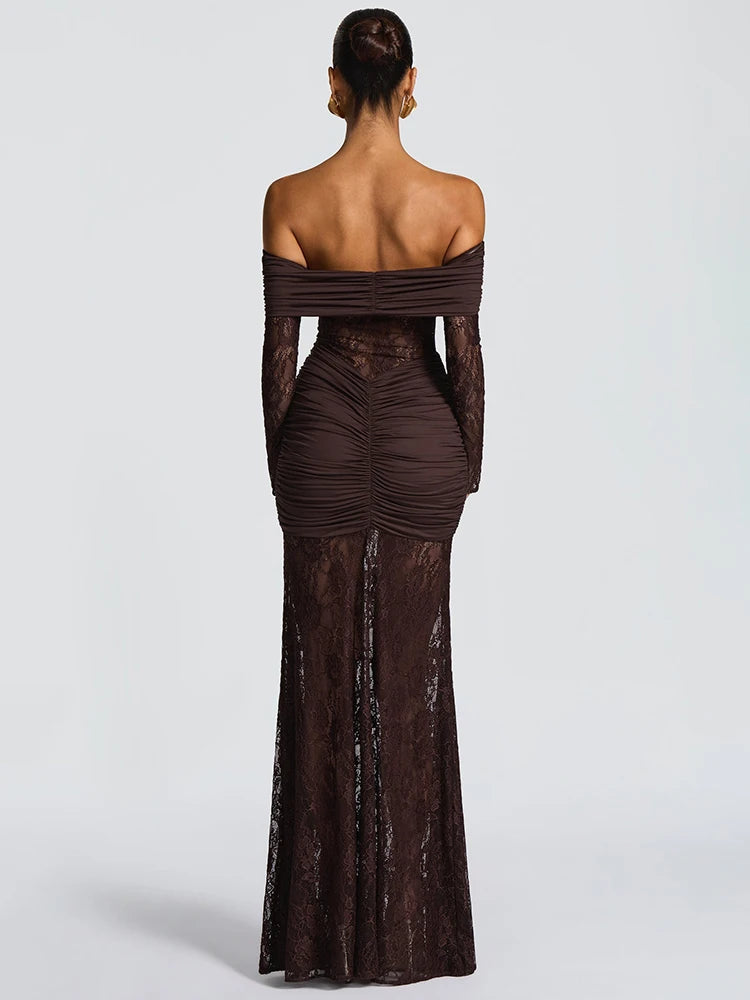 Off-shoulder Long Sleeve Sexy Maxi Dress Women Fashion Lace See Through Strapless Backless Bodycon Club Party Dresses