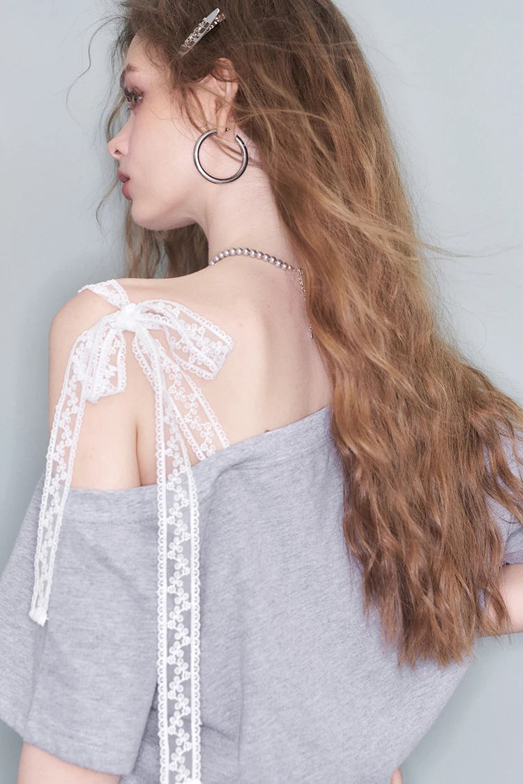 Sweet Lace Strap One-Shoulder Top, Boat Neck Short Sleeve, Casual Feminine Loose Top for Women