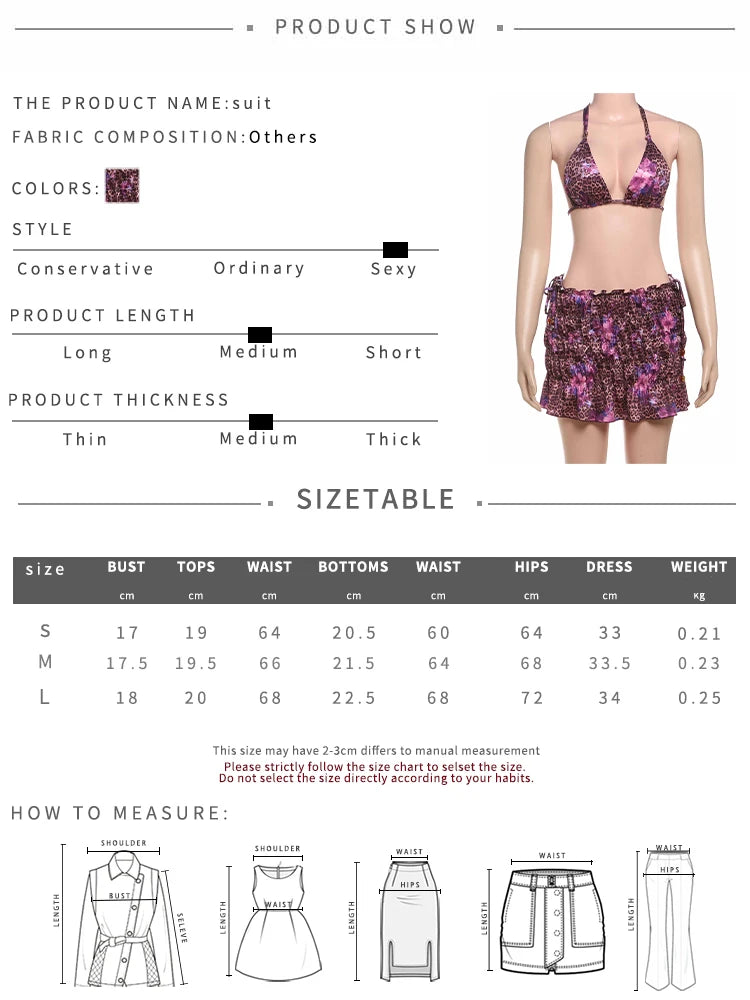 Summer Flower Leopard Print 3-Piece Set Women Halter Bra+Strap Shorts+Folds Skirts Skinny Sexy Beach Party Matching Suits