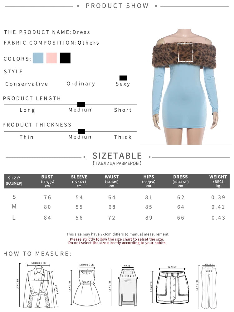 Leopard Furry Patchwork Mini Dress Woman Fake Diamonds Decoration Slash Neck Full Sleeve Backless Fashion Bodycon