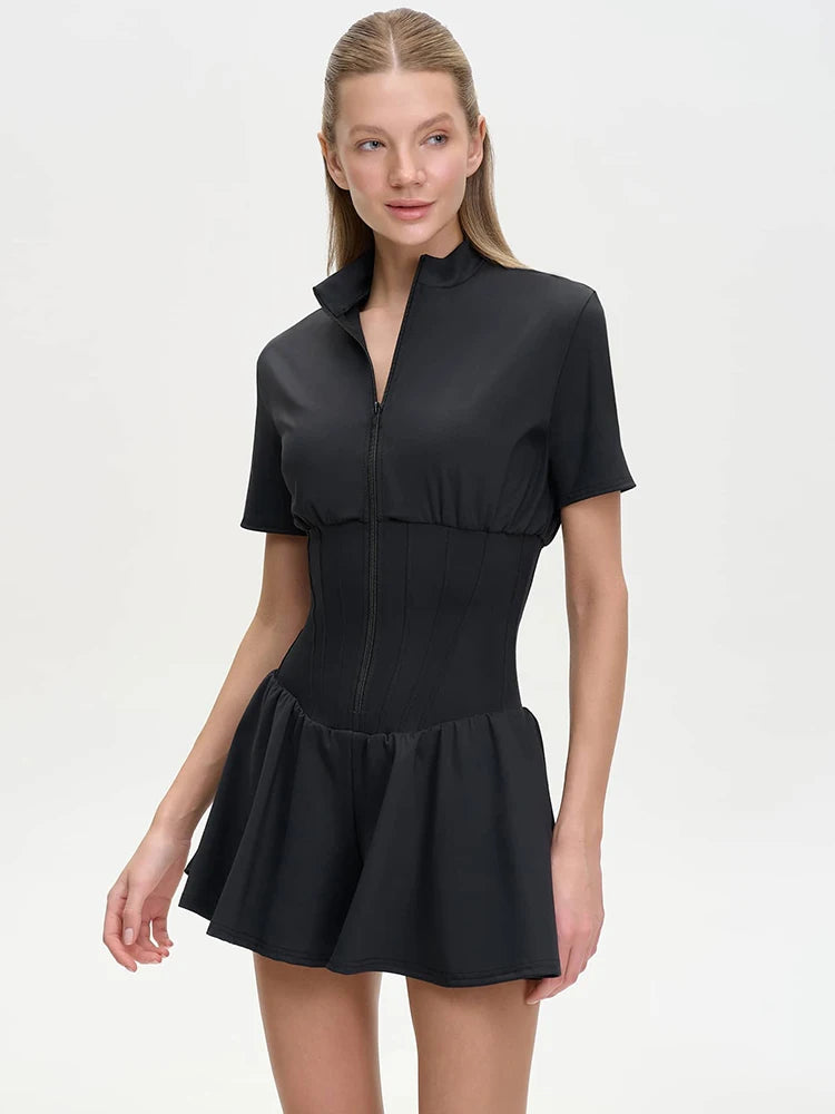 Short Sleeve Casual Sporty Playsuit Women Overalls Fashion Zipper High Waist Loose Fitness Romper Female Playsuits