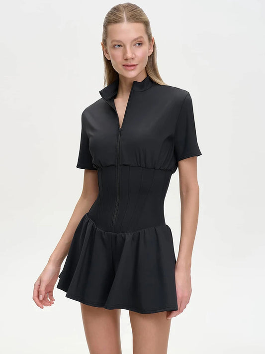 Short Sleeve Casual Sporty Playsuit Women Overalls Fashion Zipper High Waist Loose Fitness Romper Female Playsuits