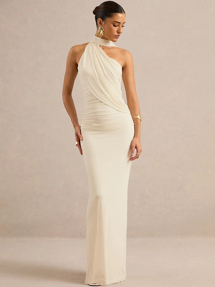 Women Halter Neck Draped Ruched Maxi Dress Sleeveless Backless Split Bodycon Evening Elegant Wedding Party Long Dress