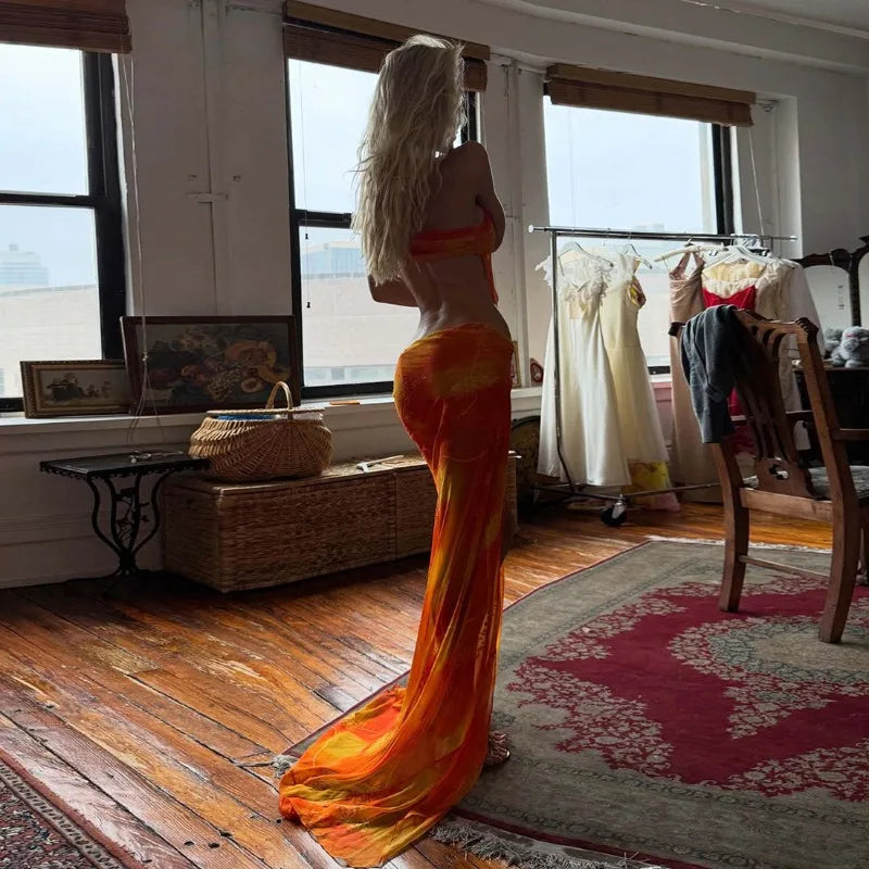 Orange Printed Mesh Split Dress Asymmetrical Halter Backless Maxi Dresses Summer Vacation Beach Outfits Women