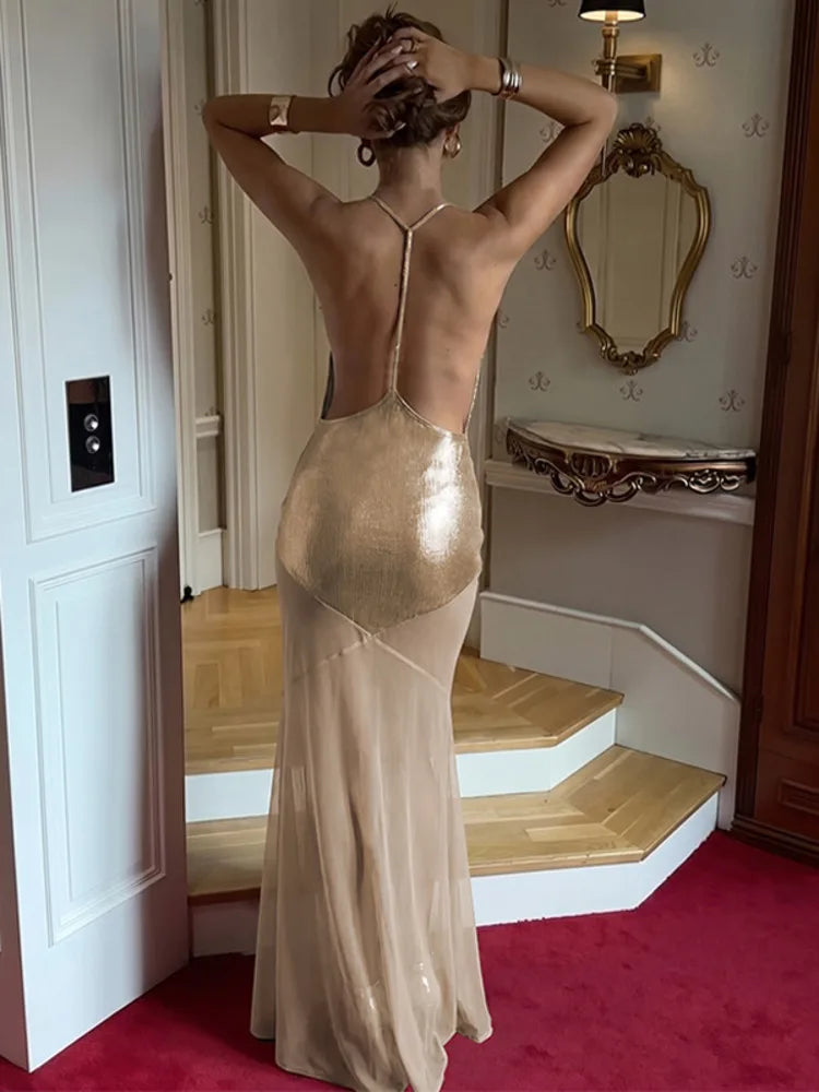 Silver Metallic Sexy Maxi Dress Women Elegant Spaghetti Strap Sleeveless Backless Bodycon Mesh Mermaid Party Long Dress