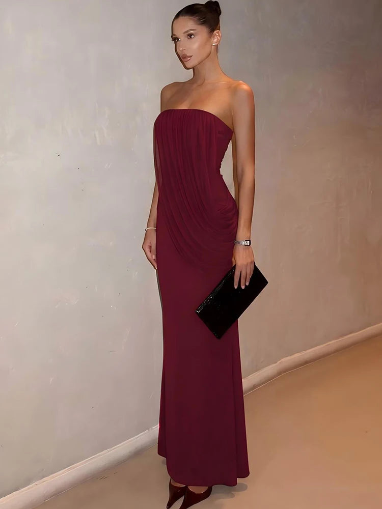 Strapless Draped Sexy Maxi Dress Elegant Bodycon Long Evening Party Dress Sleeveless Pleated Formal Wedding Guest Dress