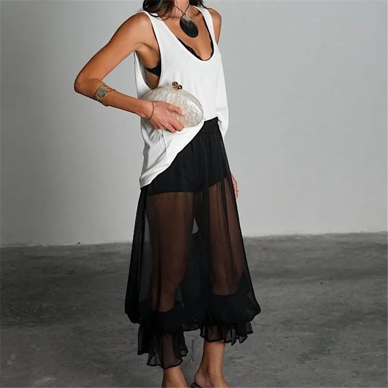 Casual Mesh See-Through Crop Trousers with Safety Shorts for Daily Women Capri Bloomers Pants Y2K Vintage Streetwear
