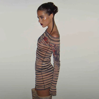 Sexy Off Shoulder Long Sleeve Bodycon Dress Y2k 2000s Aesthetic Striped Print Nude Mesh Sheer Short Dresses