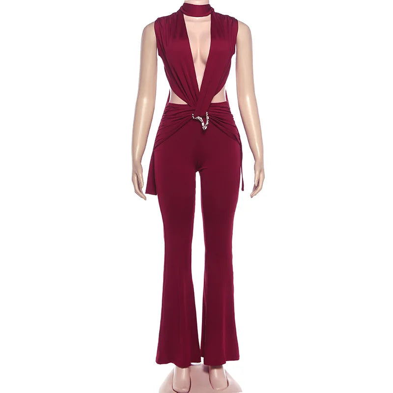 Sexy Jumpsuits for Woman Outfit Club Wear One Pieces Sleeveless Deep V Neck Backless Flare Jumpsuit