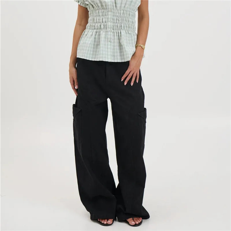 Vintage Y2K Women Baggy Wide Leg Cargo Pants Mid Rise Flap Multi Pockets Stitch Seam Loose Straight Trousers Streetwear