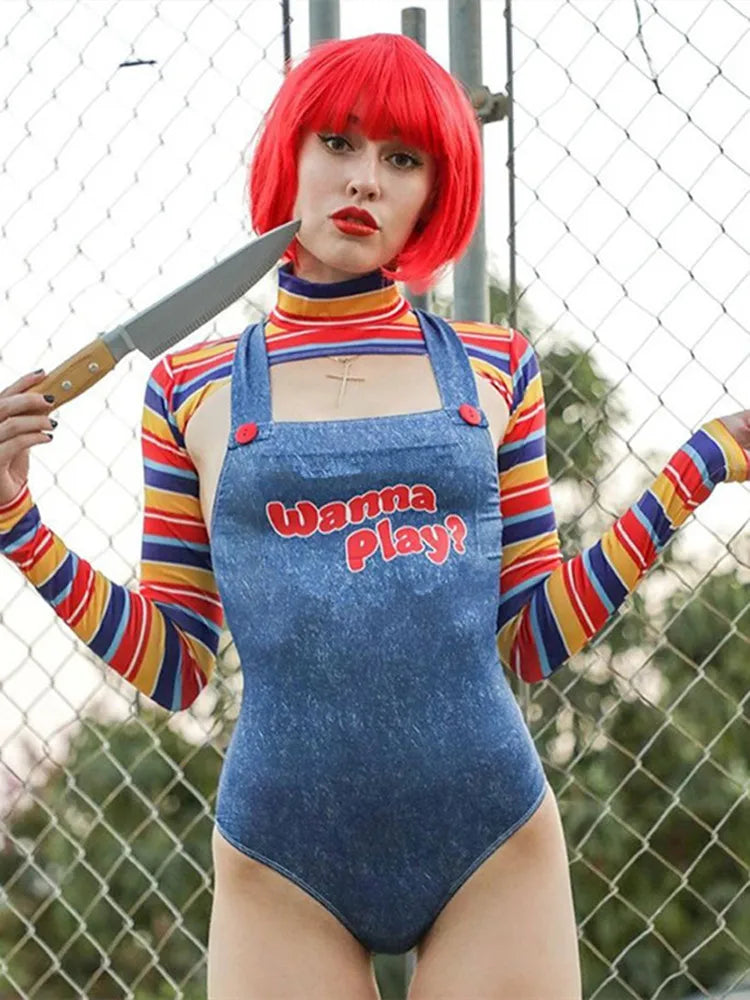 Halloween Costumes for Women Scary Nightmare Killer Doll Wanna Play Movie Character Bodysuit Chucky Doll Costume Set