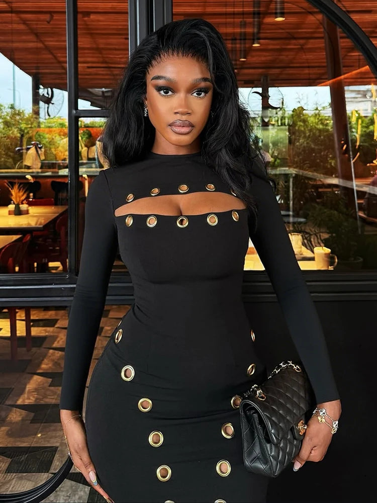 Hollow Hipster Slim Women Dress Metal Hole Y2K Sexy Full Sleeve Tight Fall Midnight Clubwear Party Stretch Mini Bodycon