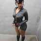Sporty Style 3-Piece Set Women Zipper Full Sleeve Crop Tops+Simple Short+Elasticity Leg Sleeve Street Autumn Suit