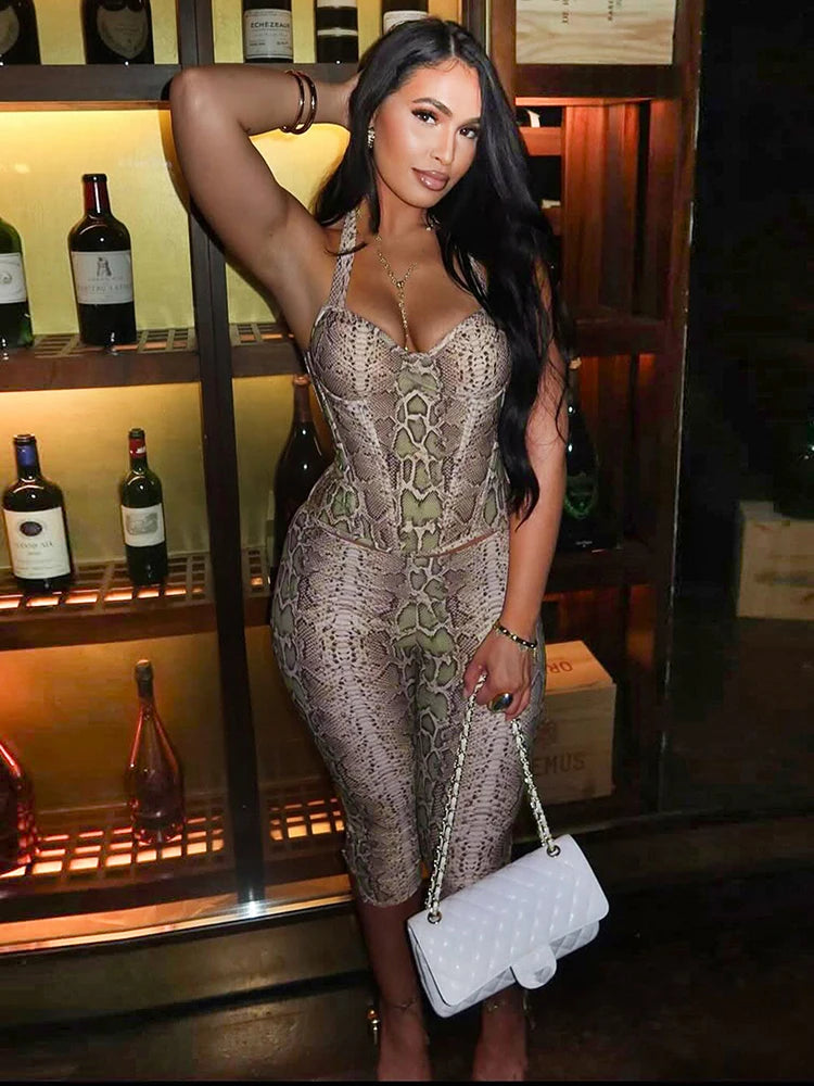 Coquette Serpentine 2 Piece Set Women Tracksuit Sexy Halter Backless Tank Tops+Skinny Shorts Matching Street Clubwear