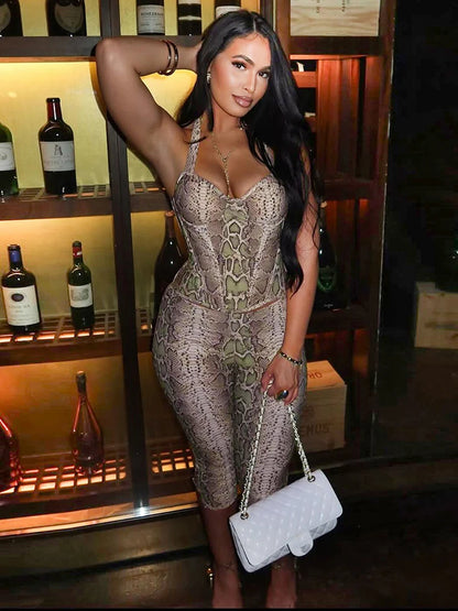 Coquette Serpentine 2 Piece Set Women Tracksuit Sexy Halter Backless Tank Tops+Skinny Shorts Matching Street Clubwear