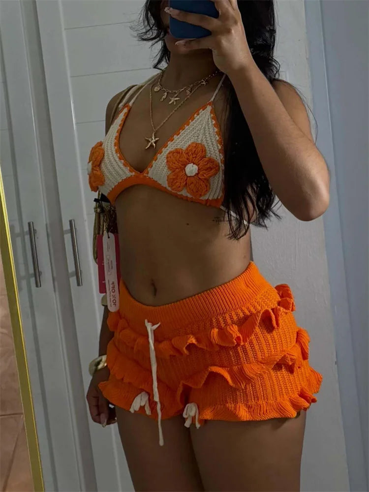 Knit 2-Piece Set Women Halter Bandage Flower Decoration Bra+Ruffles Tassel Short Fashion Summer Midnight Sexy Suit